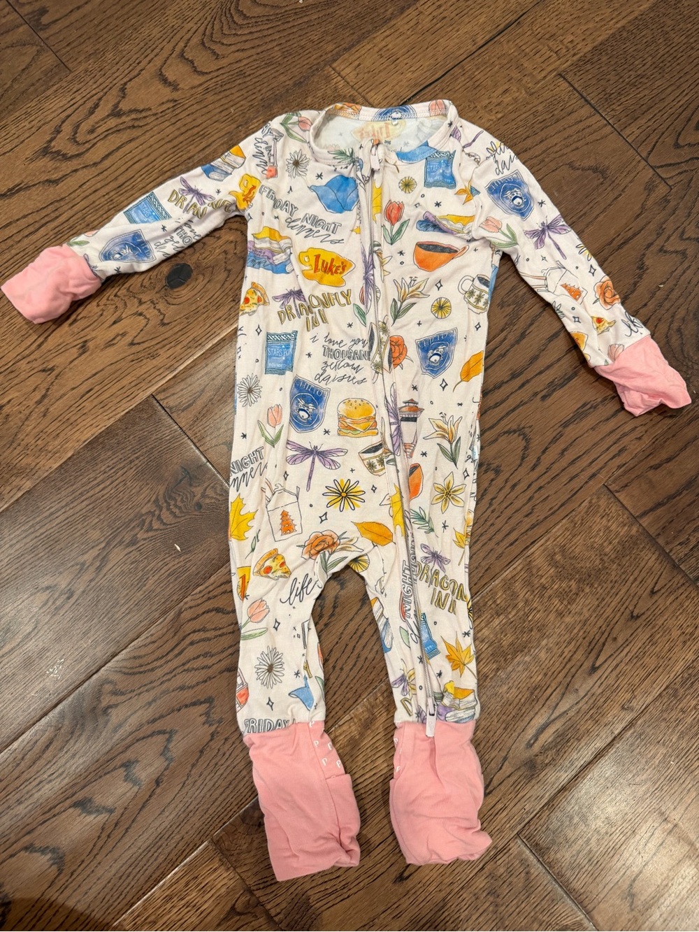 Posh Peanut x Gilmore Girls One-Piece with Pink Cuffs and Multicolor Print